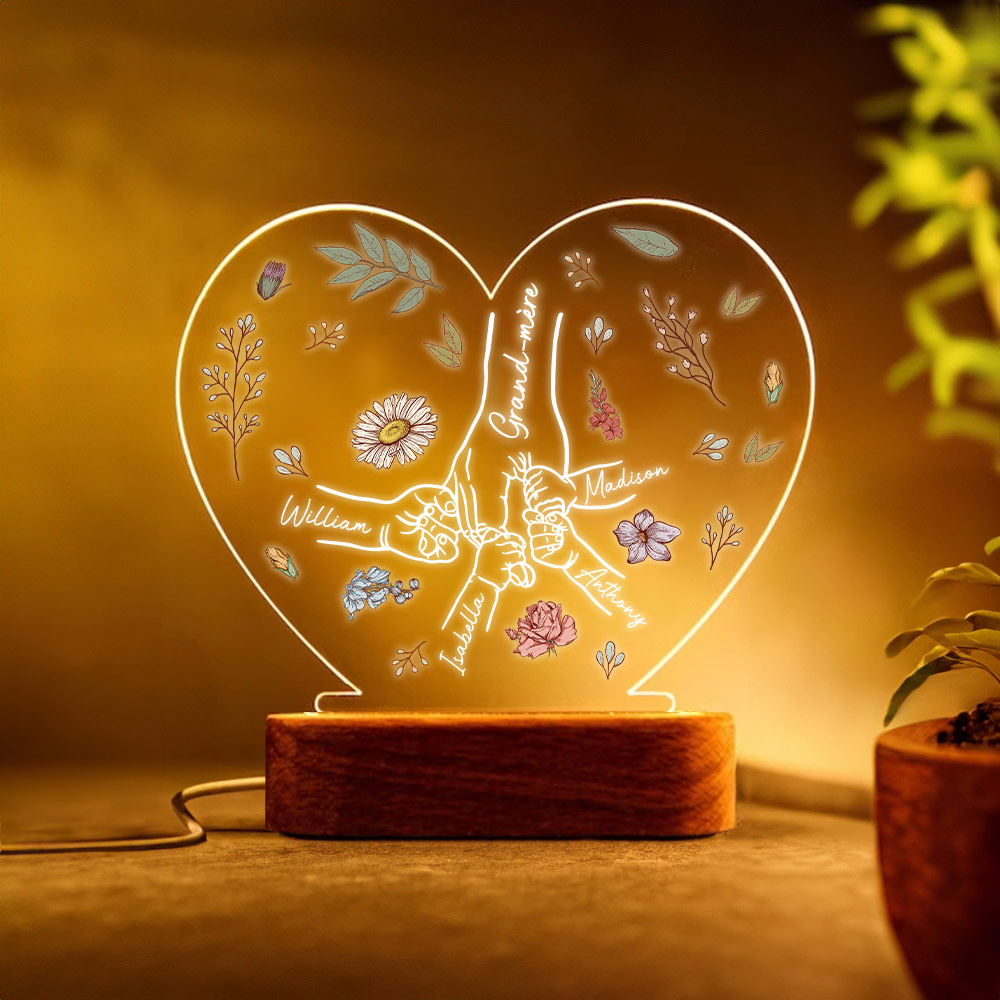 Veilleuse LED en Forme de Cœur Personnalisée avec 1-6 Noms Fleurs de Naissance Décoration avec Socle en Bois Cadeau Fête Anniversaire pour Maman
