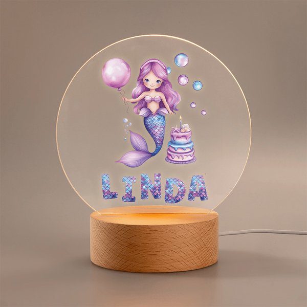 Personalized Fantasy Mermaid Cake LED Night Light with Wooden Base and Name Room Decor Birthday Gift for Girls Kids