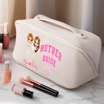 Personalized Cartoon Mother of the Bride Waterproof PU Leather Wide Open Makeup Bag with Name Portable Travel Essentials Wedding Gift for Mom