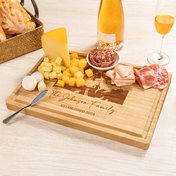 Personalised Family Photo FSC Bamboo Engraved Charcuterie Chopping Board with Text and Juice Groove Housewarming Gift for Family