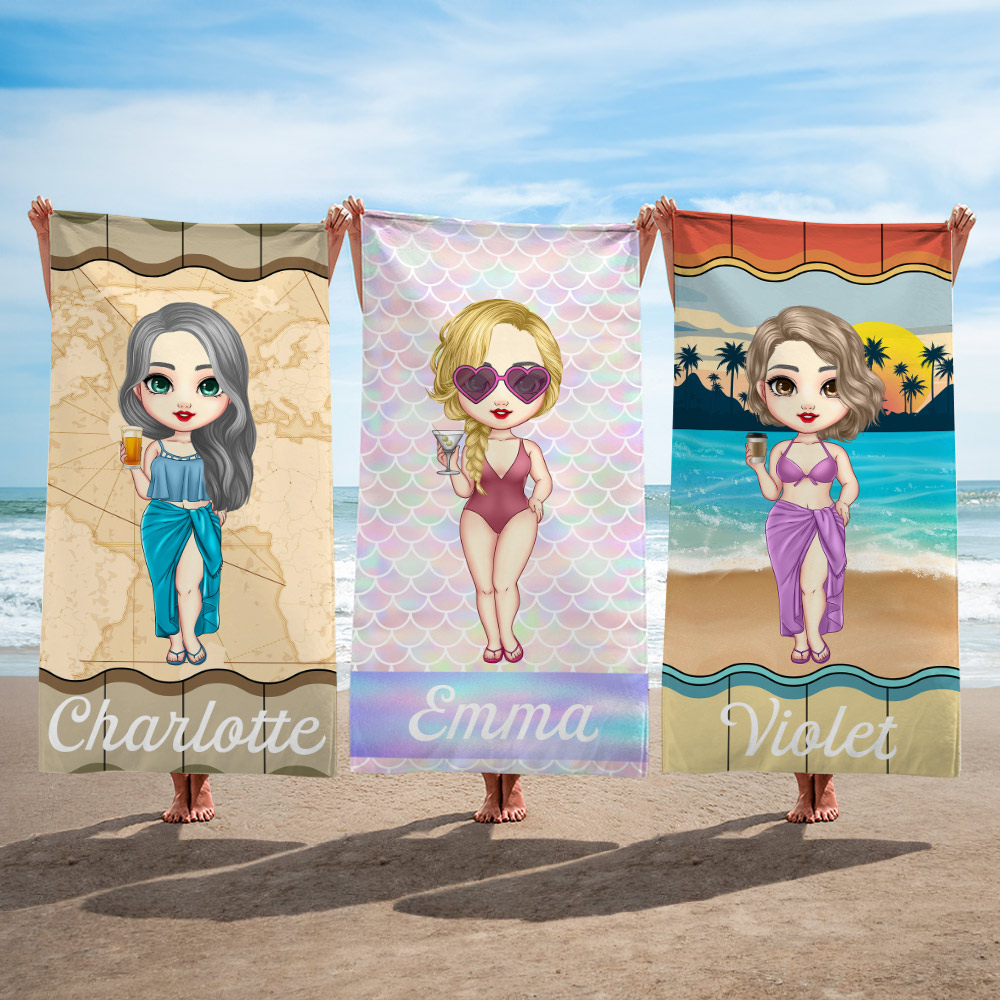 Serviette de Plage Personnalisée avec Personnage de Dessin Animé et Nom Essentiel Été Cadeau Anniversaire pour Femme
