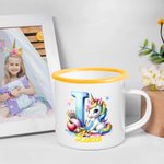 Tasse en Émail Coloré 355 ml Personnalisée avec Nom Initiale Style de Licorne Fantaisiste Cadeau Anniversaire Camping pour Garçon Fille