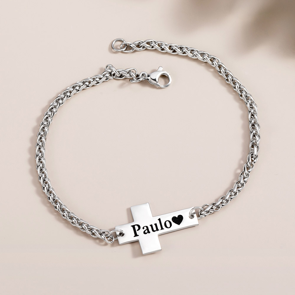 Bracelet pendentif croix personnalisé avec texte gravé Bijoux religieux Baptême Prière Anniversaire Cadeau pour Chrétiens