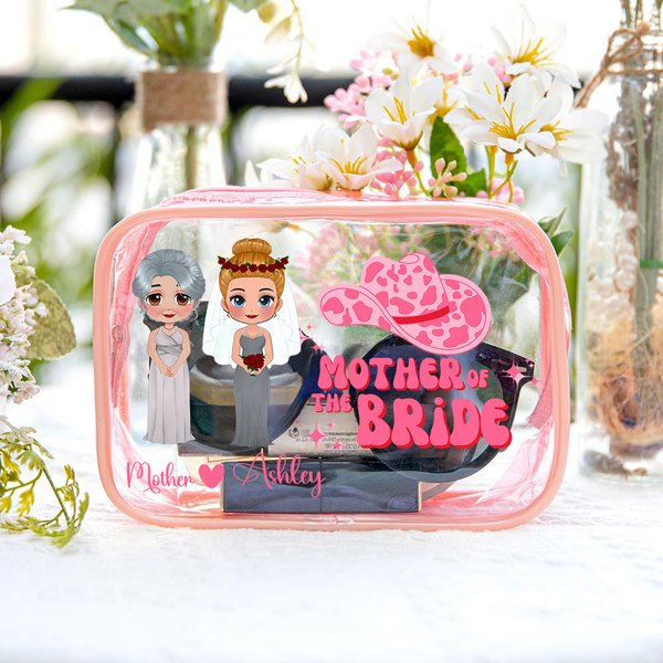 Personalized Cartoon Mother of the Bride Waterproof Clear Makeup Bag with Name Portable Travel Essentials Wedding Gift for Mom
