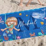 Personalized Cartoon Scuba Diver Quick Dry Oversized Beach Towel with Name and Initial Summer Vacation Essentials Beach Party Birthday Gift for Kids