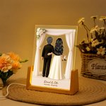 Personalized 3D Cartoon Bride and Groom LED Night Light with Name and Wooden Base Wedding Anniversary Gift for Couple Newlywed