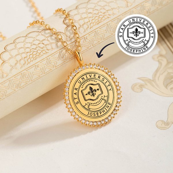 Personalized Engraved School Badge Zircon Edging Necklace with Text Dainty Jewelry Celebration Graduation Gift for Women Graduates