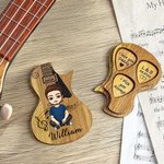 Personalized Cartoon Character Wooden Guitar Picks Storage Box Set with Name and Text Birthday Gift for Musician Guitar Player