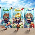 Serviette de Plage Personnalisée avec Nom Personnage de Dessin Animé Style du Monde Marin Cadeau Anniversaire pour Enfant