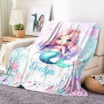 Personalized Fantasy Mermaid Soft Throw Blanket with Name Home Decor Birthday Gift for Girls Mermaid Lovers