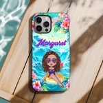 Personalized Flower Ocean Beach Vacation Cartoon Character Phone Case for iPhone or Samsung with Name Birthday Anniversary Gift for Women
