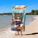 Serviette de Plage Personnalisée avec Nom Personnage de Dessin Animé Style du Monde Marin Cadeau Anniversaire pour Enfant