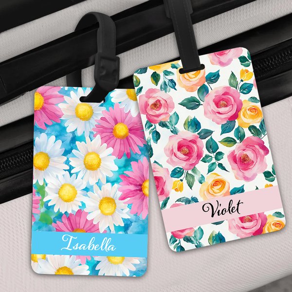 Personalized Watercolour Flower Stripe Design Luggage Tag with Name Travel Accessories Birthday Gift for Travel Lovers