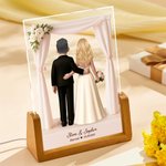 Personalized 3D Cartoon Bride and Groom LED Night Light with Name and Wooden Base Wedding Anniversary Gift for Couple Newlywed