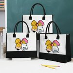 Personlig Apple Pen Bow Canvas Large Tote Bag med namn Resetillbehör Lärarens dag Uppskattning Födelsedagspresent för lärare