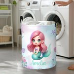 Personalized 3D Cartoon Fantasy Mermaid Design Large Waterproof Laundry Storage Basket with Name Nursery Decor Birthday Gift for Family Friend