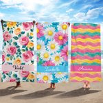Personlig akvarell blomsterstripe Mykt hurtigtørkende badehåndkle med navn Strandfest Sommerferiegave til kvinner