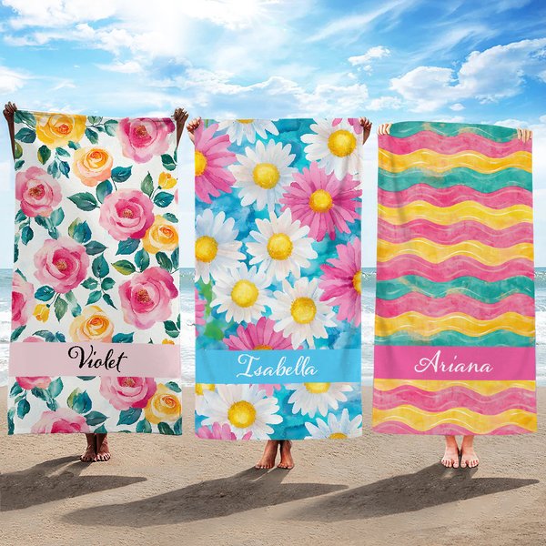 Personalisiertes Aquarell-Blumen-Streifen Weiches Schnelltrocknendes Strandtuch mit Namen Strandparty Urlaub Geburtstagsgeschenk für Damen