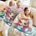 Personalized Fantasy Mermaid Soft Throw Blanket with Name Home Decor Birthday Gift for Girls Mermaid Lovers