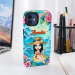 Personalized Flower Ocean Beach Vacation Cartoon Character Phone Case for iPhone or Samsung with Name Birthday Anniversary Gift for Women