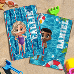 Personalised 3D Cartoon Character Swimming Pool Soft Sports Towel with Name and Hanging Clip Sport Accessories Birthday Gift for Boys Girls
