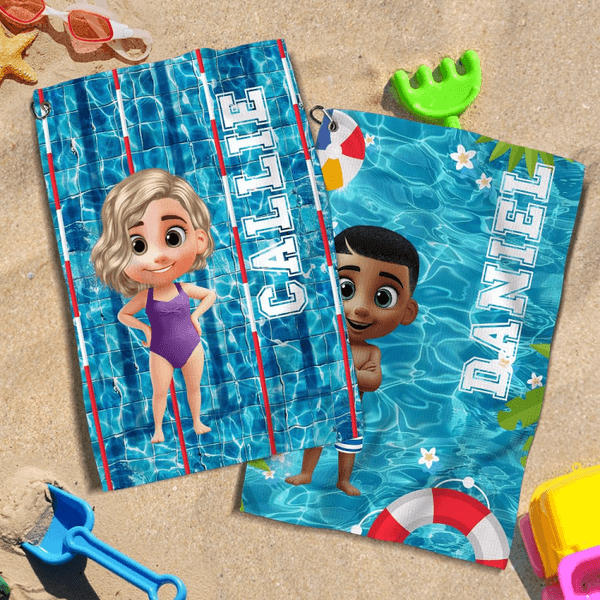 Personalised 3D Cartoon Character Swimming Pool Soft Sports Towel with Name and Hanging Clip Sport Accessories Birthday Gift for Boys Girls