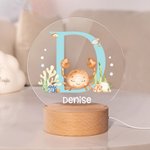 Personalized Cute Marine Animal Initial LED Night Light with Name and Wooden Base Nursery Decor Birthday Baby Shower Gift for Kids
