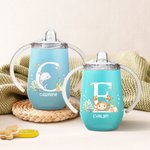 Personalized Cute Marine Animal Initial 10oz Foodgrade Insulated Sippy Cup with Name and Handle Baby Shower Birthday Gift for Kids
