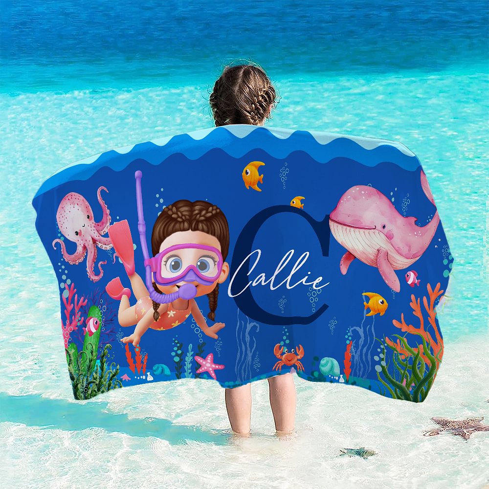 Serviette de Plage Surdimensionnée Personnalisée avec Personnage Nom et Initiale Style du Monde Sous-Marin Cadeau Anniversaire Vacances pour Enfant