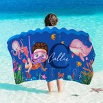 Personalized Cartoon Scuba Diver Quick Dry Oversized Beach Towel with Name and Initial Summer Vacation Essentials Beach Party Birthday Gift for Kids