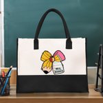 Personlig Apple Pen Bow Canvas Large Tote Bag med namn Resetillbehör Lärarens dag Uppskattning Födelsedagspresent för lärare