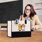 Personlig Apple Pen Bow Canvas Large Tote Bag med namn Resetillbehör Lärarens dag Uppskattning Födelsedagspresent för lärare