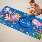 Personalized Cartoon Scuba Diver Quick Dry Oversized Beach Towel with Name and Initial Summer Vacation Essentials Beach Party Birthday Gift for Kids