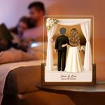 Personalized 3D Cartoon Bride and Groom LED Night Light with Name and Wooden Base Wedding Anniversary Gift for Couple Newlywed