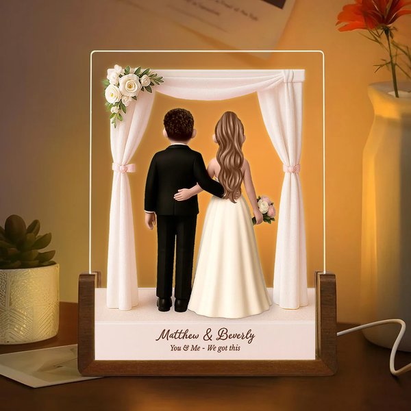Lámpara de noche LED con nombre y base de madera personalizada en 3D con dibujos de novios Regalo de aniversario de boda para recién casados