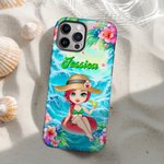 Personalized Flower Ocean Beach Vacation Cartoon Character Phone Case for iPhone or Samsung with Name Birthday Anniversary Gift for Women