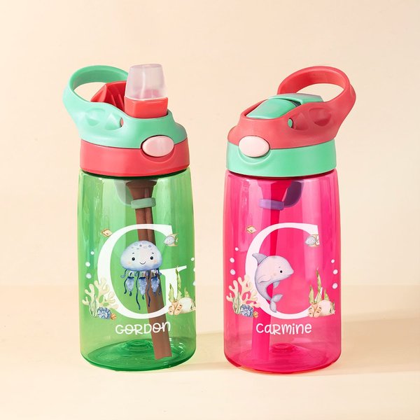 Botella de agua con nombre y pajita de silicona personalizada con iniciales de animal marino 16 oz Regalo de cumpleaños de vuelta al cole para niños y niñas