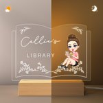 Personalised Floral Cartoon Reading Character Book-Shaped LED Night Light with Name and Wooden Base Home Decor Birthday Gift for Reading Lovers