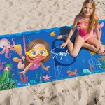 Personalized Cartoon Scuba Diver Quick Dry Oversized Beach Towel with Name and Initial Summer Vacation Essentials Beach Party Birthday Gift for Kids