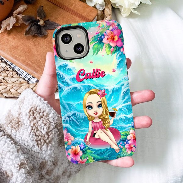 Personalized Flower Ocean Beach Vacation Cartoon Character Phone Case for iPhone or Samsung with Name Birthday Anniversary Gift for Women