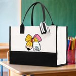 Personlig Apple Pen Bow Canvas Large Tote Bag med namn Resetillbehör Lärarens dag Uppskattning Födelsedagspresent för lärare