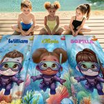 Serviette de Plage Personnalisée avec Nom Personnage de Dessin Animé Style du Monde Marin Cadeau Anniversaire pour Enfant