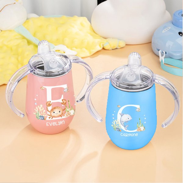 Personalized Cute Marine Animal Initial 10oz Foodgrade Insulated Sippy Cup with Name and Handle Baby Shower Birthday Gift for Kids