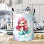 Personalized 3D Cartoon Fantasy Mermaid Design Large Waterproof Laundry Storage Basket with Name Nursery Decor Birthday Gift for Family Friend
