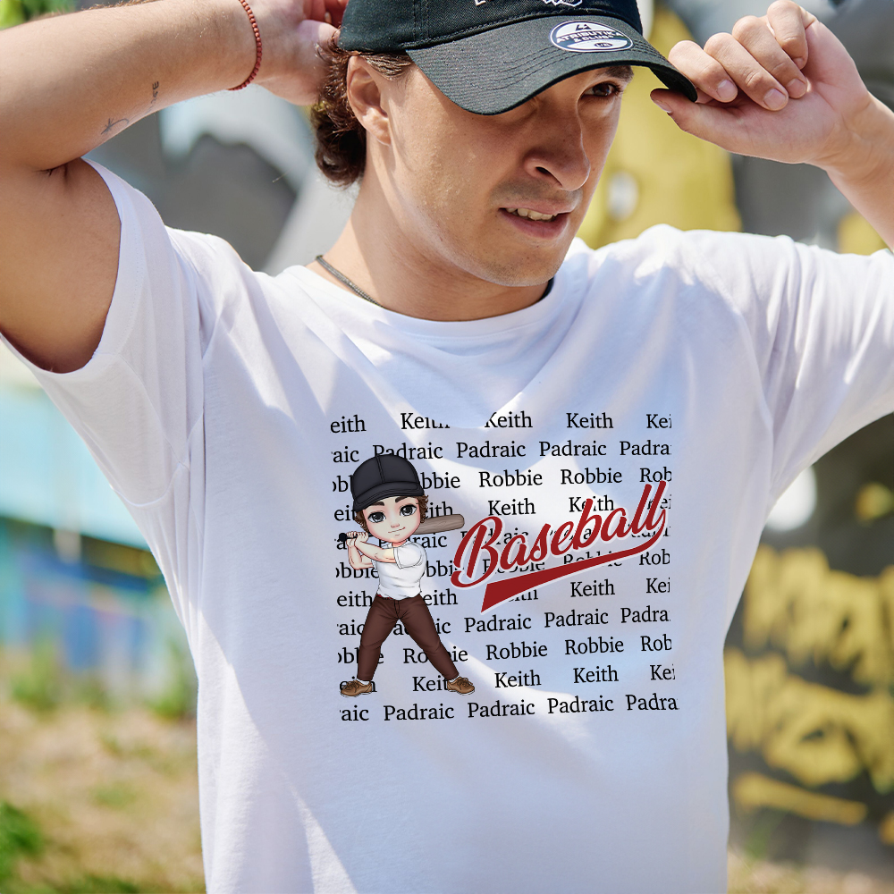 T-shirt de baseball personnalisé avec 1-11 noms Accessoire d'équipe Cadeau d'anniversaire pour les amis, l'entraîneur et les coéquipiers