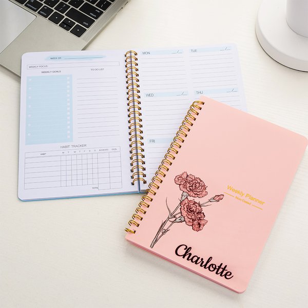 Personalized Birth Flower Weekly Planner Spiral A5 Notebook with Name New Year Graduation Birthday Gift for Family Friends