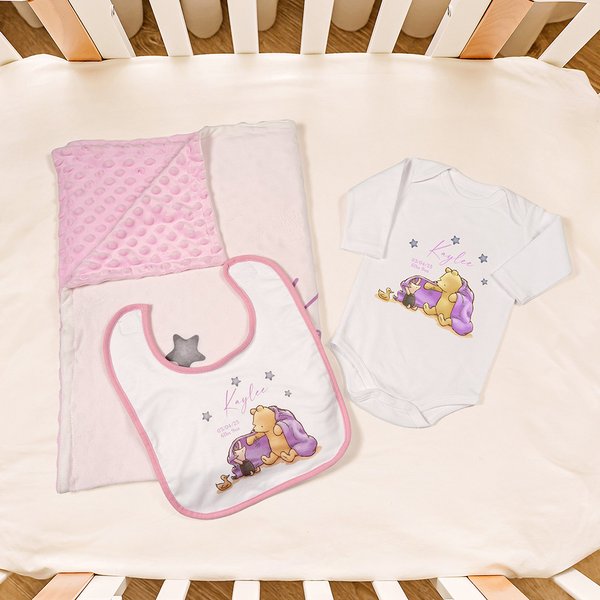 Personalized  Star Classic Winnie the Pooh 100% Cotton Baby Bib Bodysuit Blanket with Name and Date Coming Outfit Baby Shower Gift for Newborns