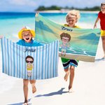 Personalised Cartoon Boy Girl Sunset Stripe Quick Dry Oversized Microfiber Beach Towel with Name Summer Travel Essential Vacation Gift for Kids