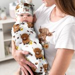 Personalized Cute Highland Cow Soft Throw Blanket Baby Swaddle Hat Set with Name Home Decor Anniversary Birthday Gift for Family Baby