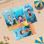 Personalised Cartoon Character Sea World Quick Dry Oversized Beach Towel with Name Summer Travel Essentials Birthday Gift for Family Boys Girls